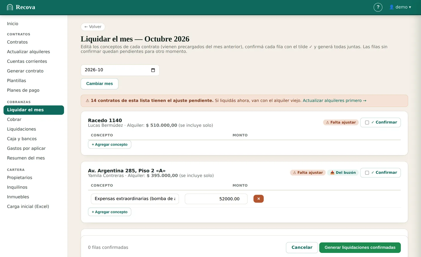 Pantalla Liquidar el mes de Recova: cada contrato con su alquiler, los conceptos editables, los gastos que entraron desde el buzón y el aviso de los contratos a los que les falta el ajuste por índice.